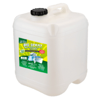 White plastic 20 L jerrycan with black screw cap and label reading 'Bio Spray Multipurpose Spray Cleaner'
