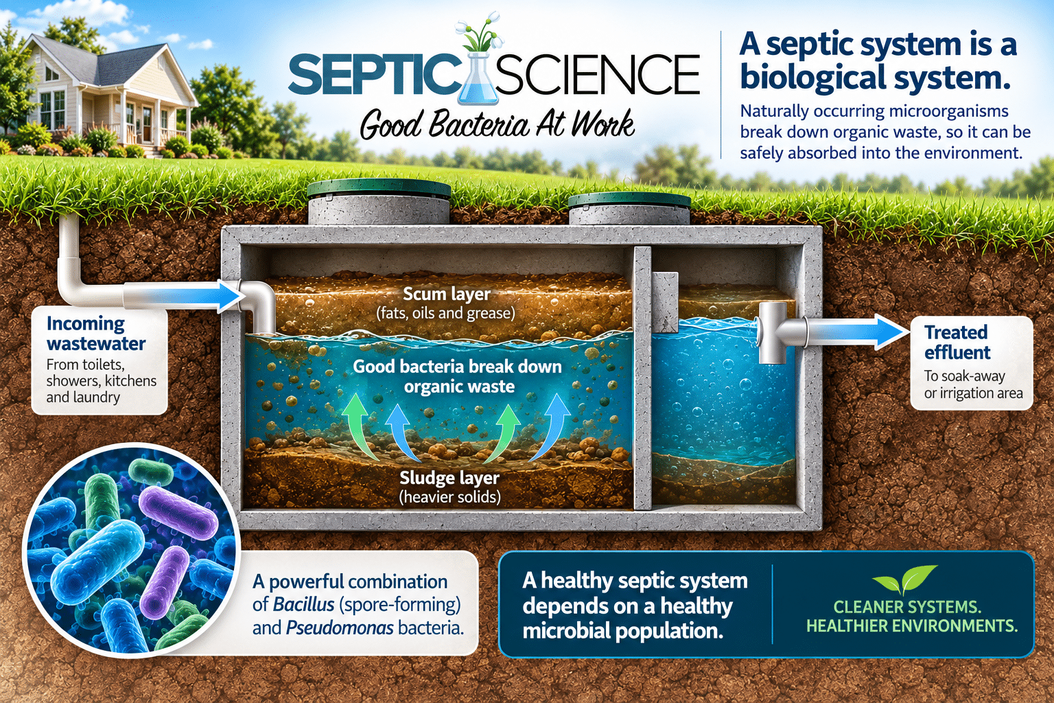 techpagepic Cross-section diagram of a septic system showing wastewater entering, bacteria breaking down organic waste, and treated effluent exiting the tank into a drain field.